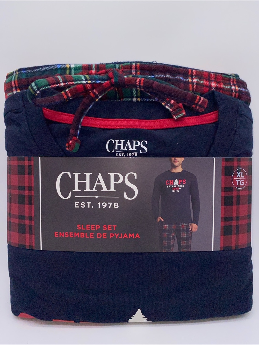 Chaps Men’s Sleep Set Pyjamas Size XL Navy Red Plaid Holiday Christmas 2 Piece